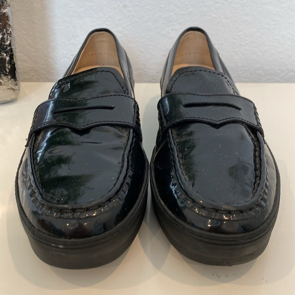 Tod's Patent Leather Platform Penny Loafers Preppy Dark Academia Size 11/11.5 - Picture 5 of 12